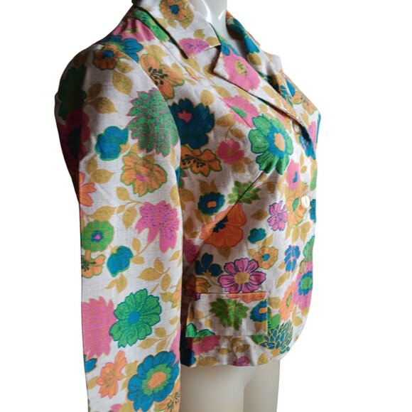 Women's Small Vintage Blazer Jacket 60's Beeline Fashions Floral Print Linen Mod - Picture 4 of 7